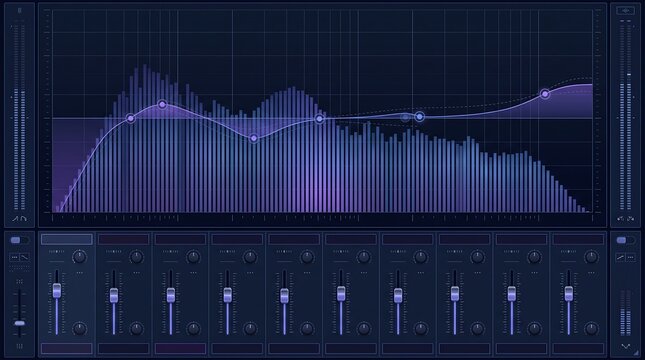 Digital audio equalizer interface displaying frequency response curves and sliders for sound manipulation.