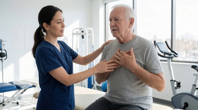 Female physiotherapist helps elderly man with breathing exercises in medical clinic. Senior male patient performs lung rehabilitation therapy. Pro nurse assists older man with chest expansion,