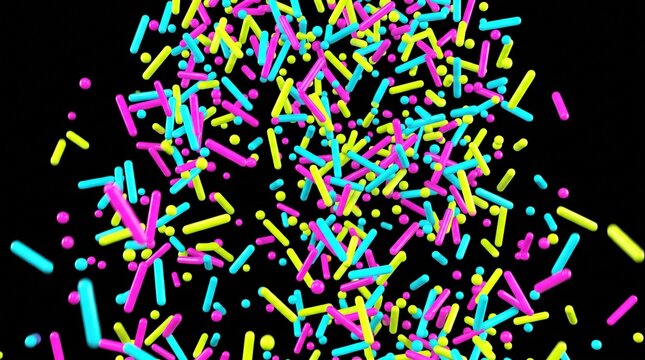 Colorful abstract candy shapes scattered on black background