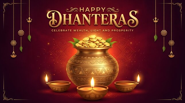 Happy dhanteras festival greeting with gold coins pot with filled coins glowing
