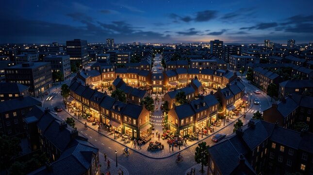 High angle architectural view of a glowing curved street layout illuminated by warm streetlights at night in a bustling city.