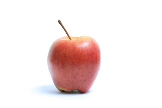 Front view of whole fresh organic red apple with stem casting soft shadow isolated white background