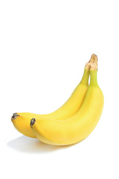 Angled vertical view of two ripe sweet yellow bananas in bunch isolated white background