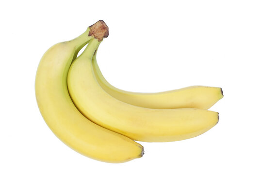 Three ripe organic yellow bananas in bunch facing right isolated white background