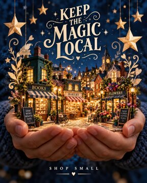Keep the magic local sign cradled in cupped hands displaying a miniature illuminated winter village with glowing shop windows.