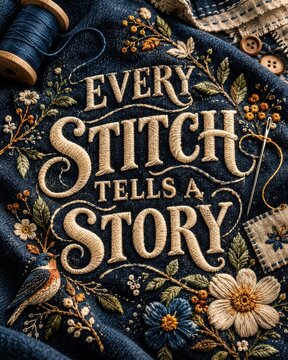 Intricate embroidery spelling every stitch tells a story on rich dark denim fabric, surrounded by colorful stitched flowers, leaves, and a tiny bird.