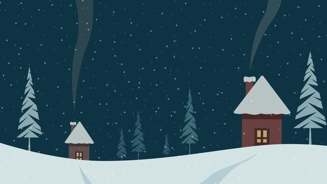 Winter night animated landscape with snow falling over cozy cabins