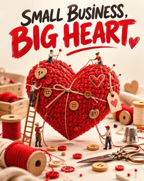 Knitted heart textured with soft crimson yarn and wooden buttons sits surrounded by crafting supplies.
