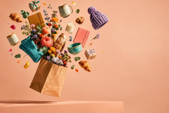 Shopping bag overflowing with vibrant autumn gifts, cozy knitwear, and fresh pastries suspended in midair against a warm peachy background.