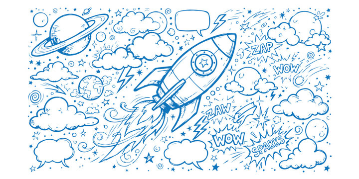 Hand drawn space rocket doodle with planets stars clouds and comic speech bubbles
