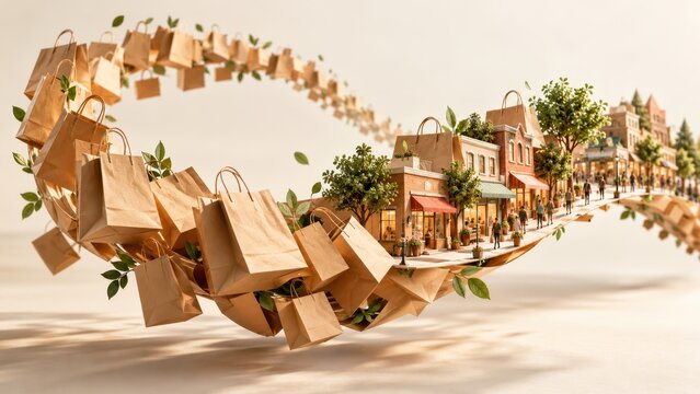 Shopping bags swirling into a charming miniature town under warm golden light, highlighting textured brown paper and lush green leaves.