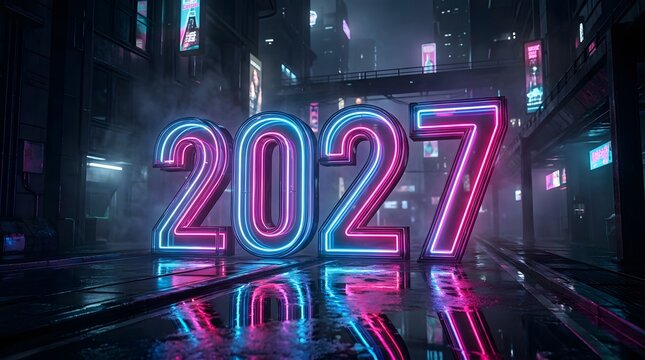 A vibrant futuristic cityscape illuminates the bold glowing '2027' digits promising a bright new year