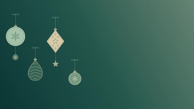 Christmas slideshow with emerald ornaments and a geometric tree followed by golden bells in a minimalist flat vector animation with soft gradient backgrounds and open copy space for holiday messages