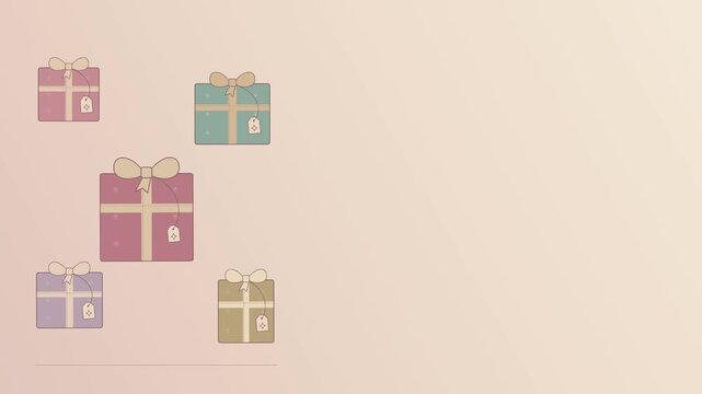 Christmas slideshow with pastel gifts and festive stationery followed by decorative cookies and a candy cane in a flat vector animation with soft gradient backgrounds and open copy space on the right