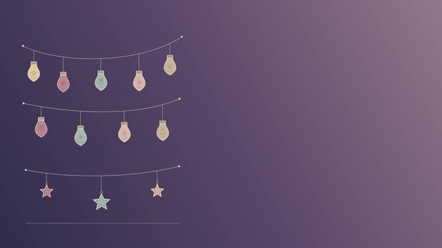 Christmas slideshow with festive string lights and a midnight snowflake followed by pastel gift boxes in a flat vector animation with changing gradient backgrounds and open copy space on the right