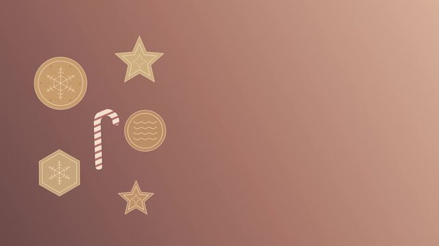Christmas slideshow with decorative cookies and a candy cane followed by crimson ribbons and holiday stationery in a flat vector animation with gradient backgrounds and open copy space on the right