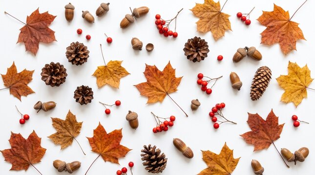Autumn leaves acorns pinecones berries flat lay composition
