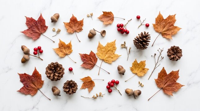 Autumn leaves acorns pinecones berries flat lay natural elements arrangement