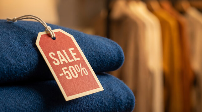Red sale tag with fifty percent discount text attached to blue clothing fabric in a retail store during Black Friday shopping season with blurred clothes in background