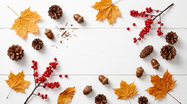Autumn leaves pinecones acorns berries cluster on white wooden background flat lay