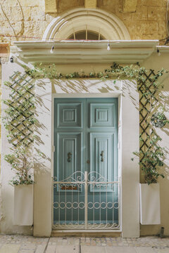 Entrance Facade Featuring Soft Pastel Blue Wooden Double Doors, Decorative White Metal Gate and Green Ivy Vines on Wall