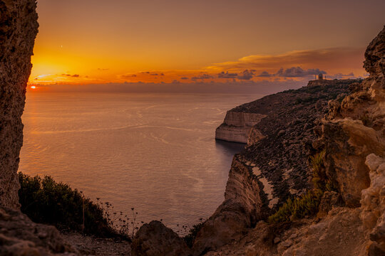 Sunset, Dingli Cliffs Coastline and Radar Station Framed Inside Natural Rocky Cave Aperture, Golden Hour, Malta