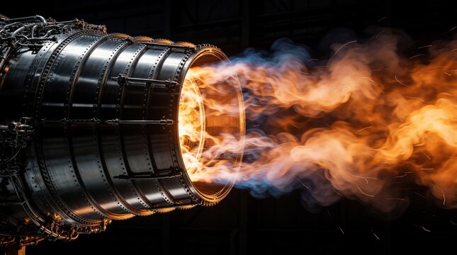 Close view of powerful jet engine exhaust with bright orange flames, glowing sparks. Intense fire, smoke blast from turbine during high thrust test in hangar. Aerospace propulsion technology shows