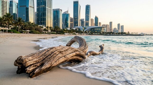 Weathered driftwood on a sandy beach with ocean waves in the foreground and a modern city skyline of skyscrapers in Abu Dhabi, United Arab Emirates, during sunset or sunrise.