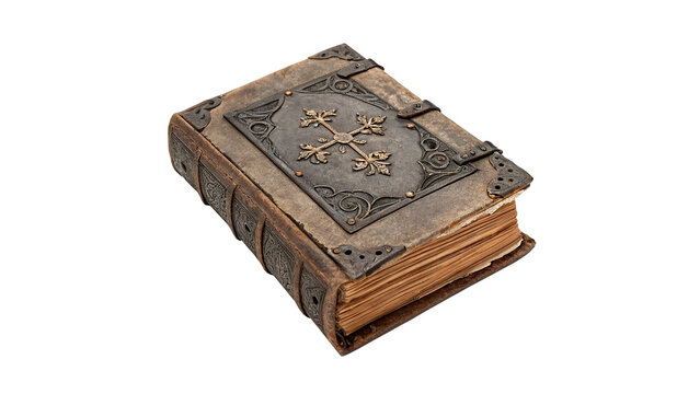 Ancient vintage brown leather bound book with metal clasp closure isolated on transparent background.