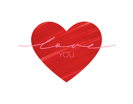 Red Textured Heart with Pink &ldquo;Love You&rdquo; Lettering, Romantic Valentine&rsquo;s Day Greeting Illustration