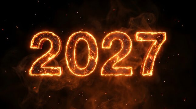 A striking digital rendering of the year 2027 illuminated with a fiery textured and dynamic
