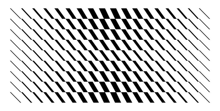 Abstract Black and White Geometric Vector Pattern with Repeating Diagonal Stripes and Wavy Optical Illusion Effect. Texture background.