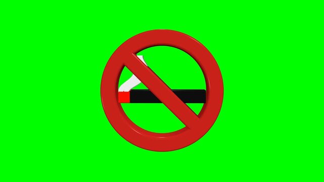 A 10-second looping animation of a realistic 3D glossy 'No Smoking' sign. Features a perfectly centered cigarette with equal gaps on the left and right, a glowing red tip, and curved white smoke. Desi