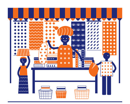 Nigerian market fabric stall with a vendor in a gele headwrap showing wax print cloth to customers, bolts, baskets and hanging patterned textiles, bold duotone vector scene