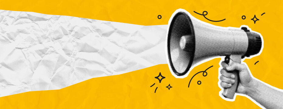 Retro Pop Art Megaphone on Bright Yellow Background with Torn Paper Banner and Halftone Texture. Vector illustration.