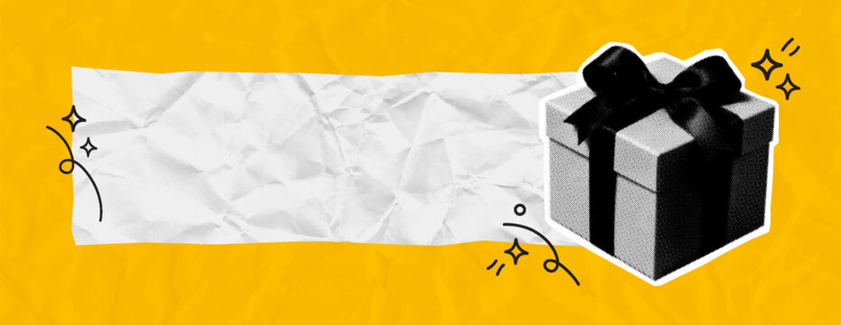 Retro Halftone Gift Box Collage with Bow, Crumpled Paper Banner and Doodle Sparkles on Yellow Background. Vector illustration.
