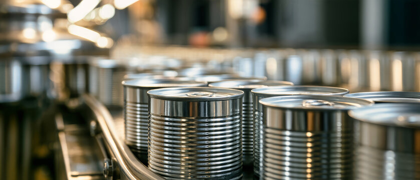 Ribbed tin cans with ring-pull lids travel along a conveyor belt in an industrial setting. Chrome equipment and other cans are blurred in the