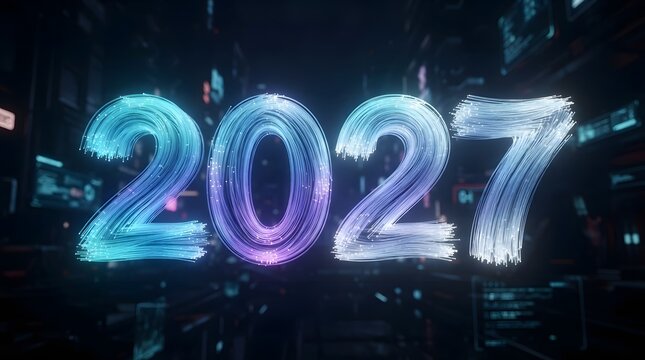 A futuristic vision of the year 2027 depicted with a glowing digital and textured aesthetic