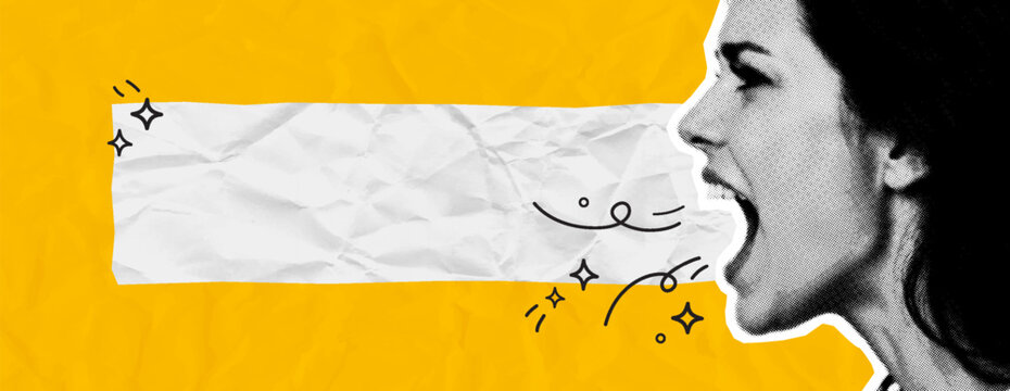 Retro Halftone Shouting Woman Collage with Blank Crumpled Paper Banner and Doodle Sparkles on Yellow Background. Vector illustration.
