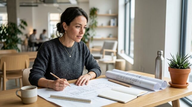 Focused architect intently drawing blueprints on a wooden desk in a well-lit office environment