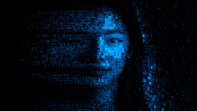 Woman's Face formed from Programming Code. Deepfake Concept.