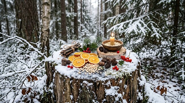 Winter Solstice Offering with Dried Oranges and Candle on Snowy Tree Stump