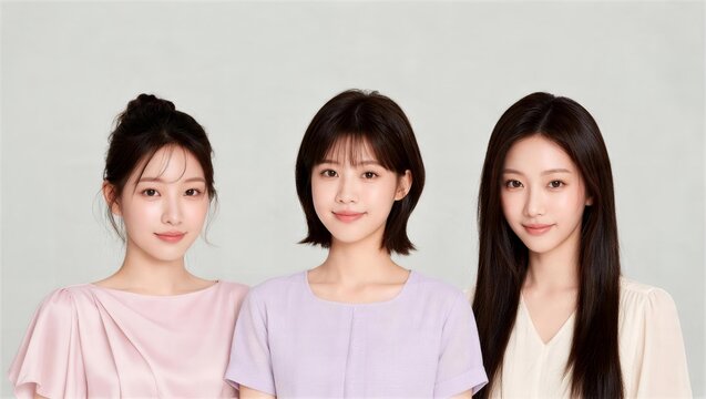 グレーの背景で並ぶお団子ヘアとボブとロングの女性3人