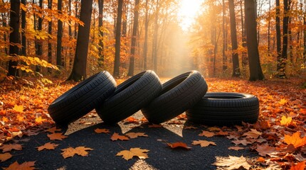 Fototapeta na wymiar Four car tires lie on asphalt road in autumn forest. New black rubber wheels rest on ground covered with orange fallen maple leaves. Golden sunlight shines through trees in scenic woods. Seasonal car