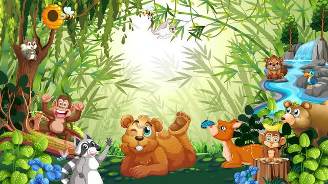 Cartoon Forest Animals Loop Animation Background with Copy Space
