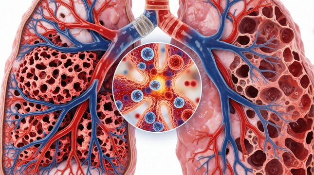 Medical illustration of emphysema lungs showing damaged alveoli, gas exchange. Red, blue blood vessels connect to air sacs. Zoomed circle shows oxygen diffusion process in capillaries. Anatomical