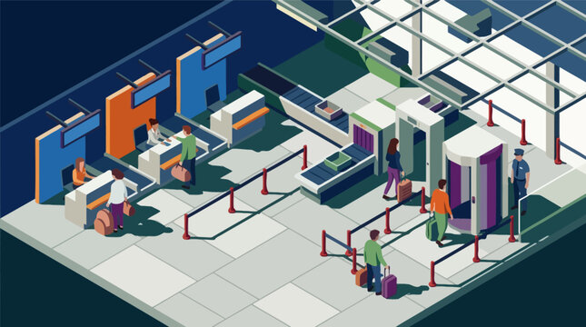 Airport terminal isometric check in and security screening