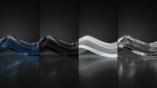 Four distinct glass-like liquid wave forms displayed in a grid, featuring transparent blue, solid black, frosted white, and clear reflective glass