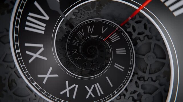 Spiral Clock Face Roman Numerals With Gears Infinite Seamless Loop Time Concept 3D Animation