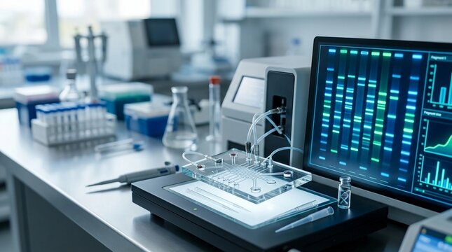 Advanced laboratory setup featuring microfluidic device and genetic analysis display on computer